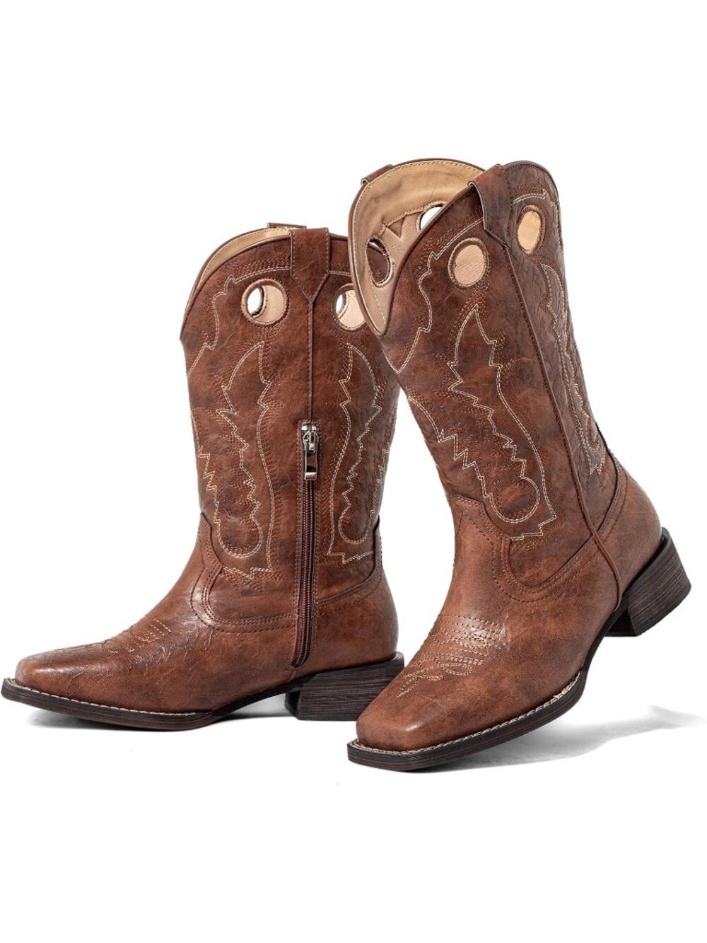 Women's Brown Faux Leather Wide Calf Western Embroidered Cowgirl Heeled Boots - Picture 1 of 6